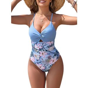 ZAFUL Women's One Piece Swimsuits Cut Out Tummy Control Twist Front Bathing Suit Sexy Tie Back Push Up Slimming Swimwear (Floral Blue) S