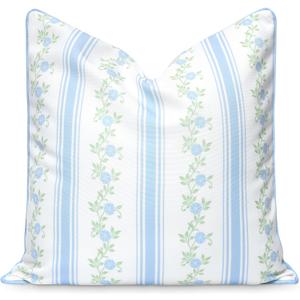 Hofdeco Premium Coastal Patio Indoor Outdoor Throw Pillow Cover Only, 20"x20" Water Repellent for Backyard, Couch, Baby Blue Print Stripe Floral