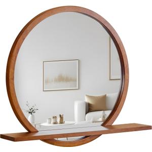 Solid Wood Wall Mirror with Shelf  Round Wood Frame Mirror for Entryway, Bathroom or Living Room  Handcrafted Look  24 Inch