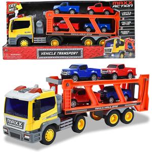 Sunny Days Entertainment Maxx Action 17 Vehicle Transport with 4 Diecast Trucks  Bright Lights and Car Sounds | Friction Powered Trailer | 6 Piece Toy Playset for Kids