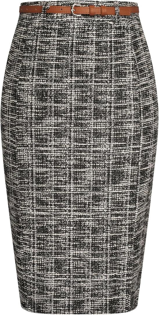 Kate Kasin Women's Tweed Pencil Skirt Knee Length High Waisted Skirts with Slit Elegant Skirts with Belt S