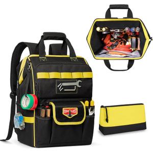 Rexmica Tool Bag Backpack with Zipper Pouch and Magnetic Attraction Area, Heavy-Duty Tool Storage Organizer Bag, Tactical Work Tool Bag for Electrician, Repairman, HVAC Techs, Black