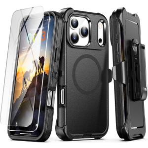 TUTUKII Compatible with iPhone 17 Pro Max Case with Belt Clip Holster, 2X Screen Protector, Shockproof, Compatible with MagSafe, 3-Layer, Heavy Duty Magnetic Phone Case Cover, 6.9", Black