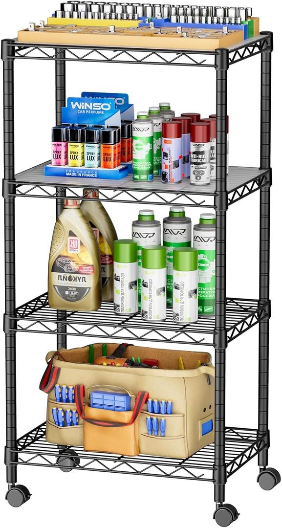 SINGAYE 4 Small Wire Shelves Kitchen Pantry Close Home Organizers and Storage Bathroom Shelf Laundry Room Organization Adjustable Book Metal Garage Shelving Unit (4-Black 11.8"D X 18"W X 45.2"H, Black)