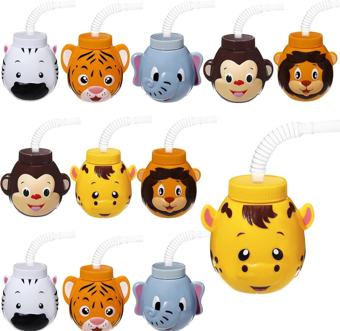 Hoolerry 12 Sets Zoo Animal Cups with Straws and Lids, 10 oz Plastic Reusable Safari Jungle Animal Theme Kids Cups for Safari Birthday Party Supplies