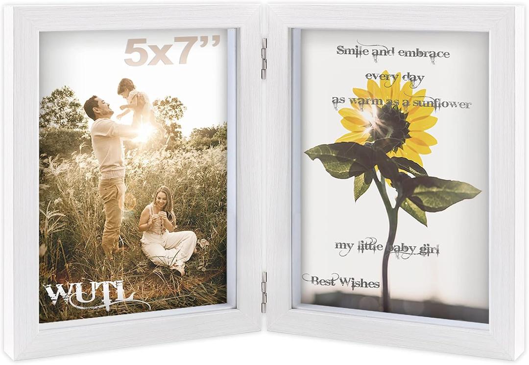 5x7 Picture Frames Double Hinged MDF Wood White Shadow Box with Glass Front Stand Vertical on Tabletop