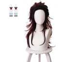 Adecors Tanjiro Cosplay Wig Female Long for Demon Slayer Kimetsu No Yaiba Wig with Earrings Markings for Anime Cosplay, rose