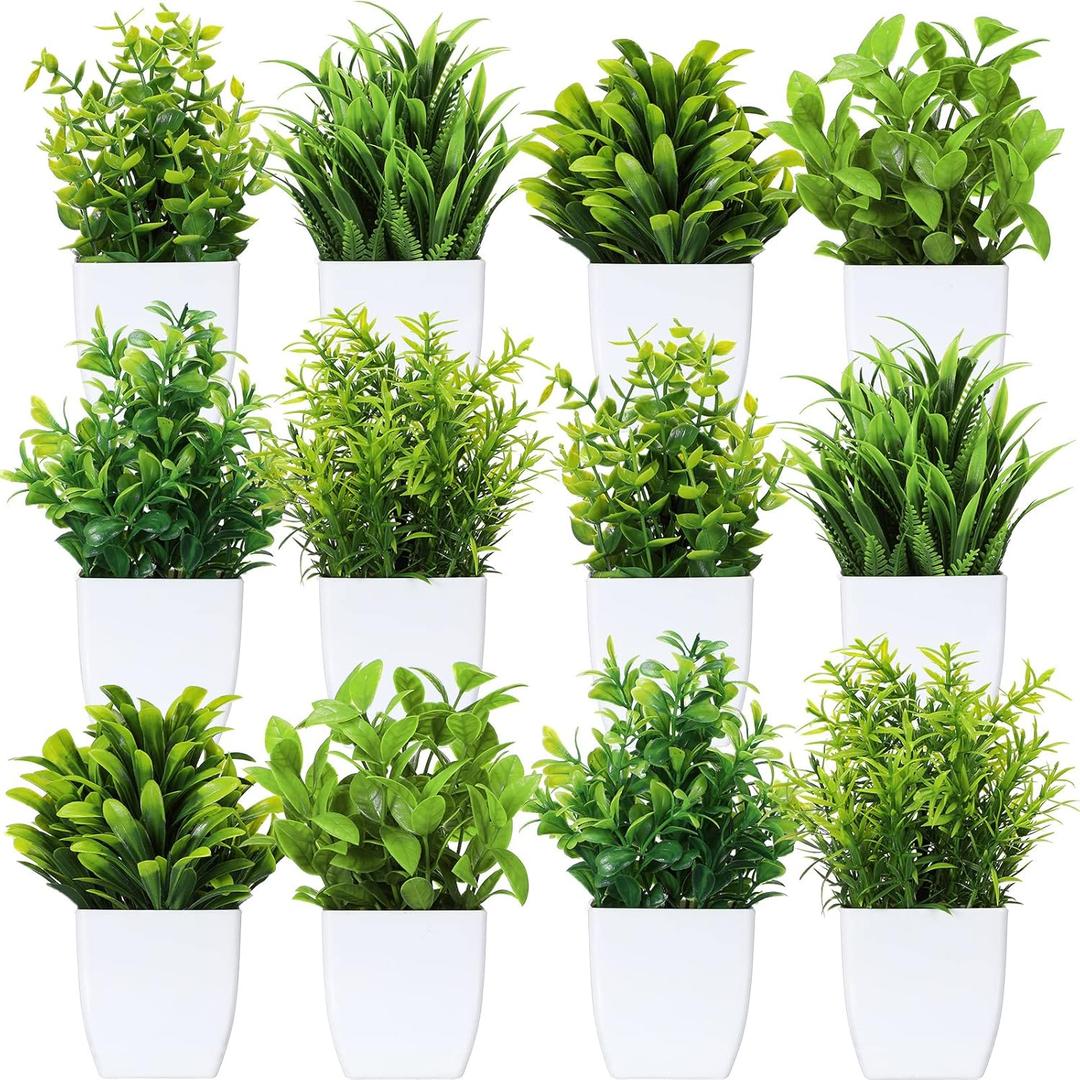 Unittype 12 Pcs Fake Plants Small Artificial Faux Plants for Shelf Mini Plastic Potted Greenery for Home Office Desk Bathroom Bedroom Indoor Decor(White Pot,Green)