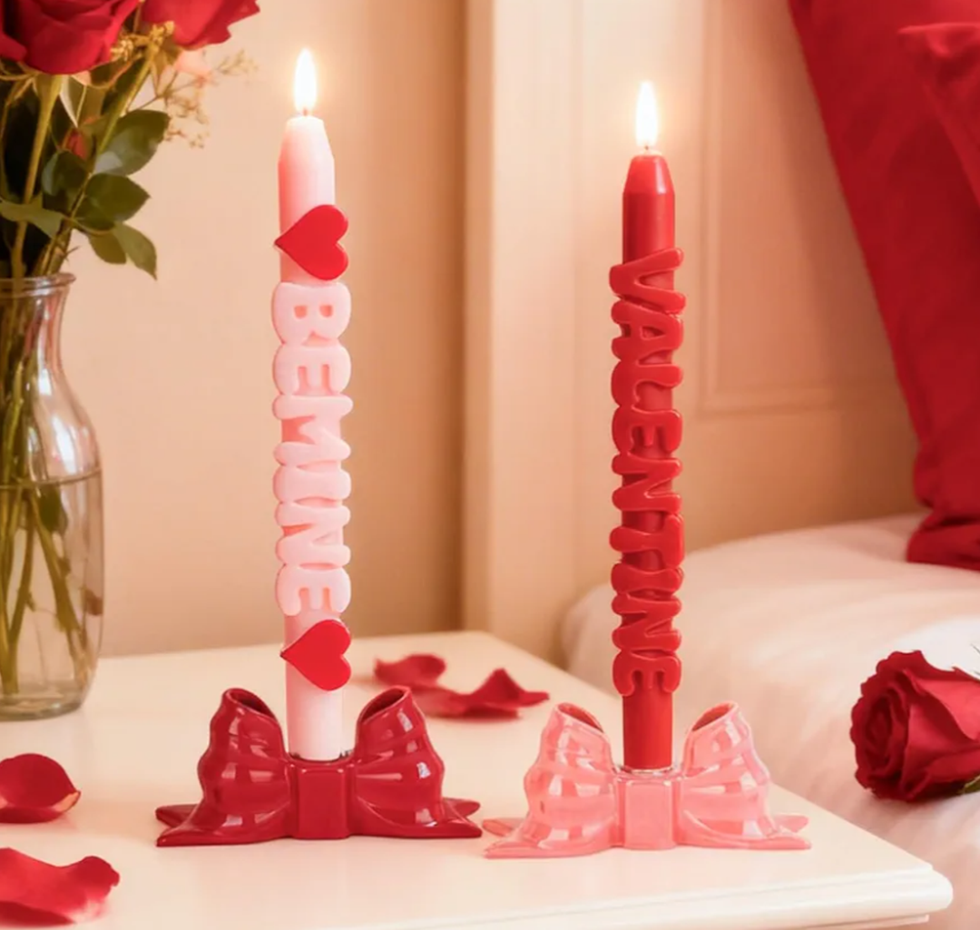 DN DECONATION Flameless Taper Candles Set of 2, Red & Pink Valentine LED Candles - Battery Operated “Valentine” & “BE Mine” Decor Candles for Romantic Home, Wedding, Gift for Her