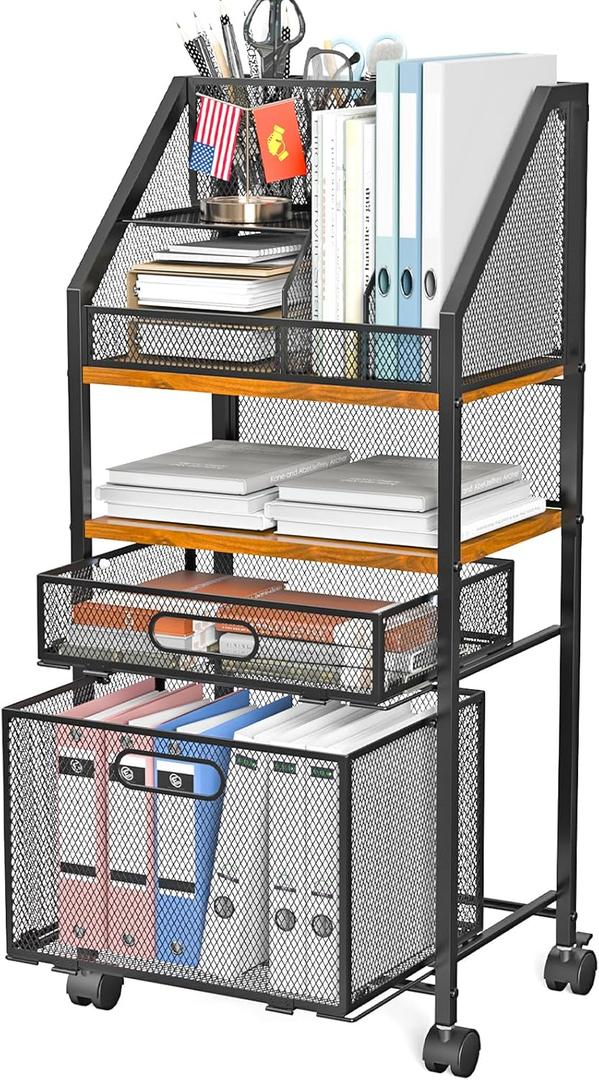 Rolling File Cart with 2 Storage Drawers Multipurpose Book Letter Organizer Carts with Lockable Wheels Wood&Mesh Rolling File Organizer Space-Saving Cart for Office Supplies
