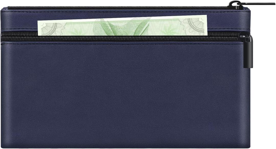 HAUTOCO Money Bag with Zipper 11x6.1 inch Money Pouch with Lined PU Leather Bank Bag Two Pockets Utility Wallet for Cash Check Receipt Coins Cosmetics, Dark Blue