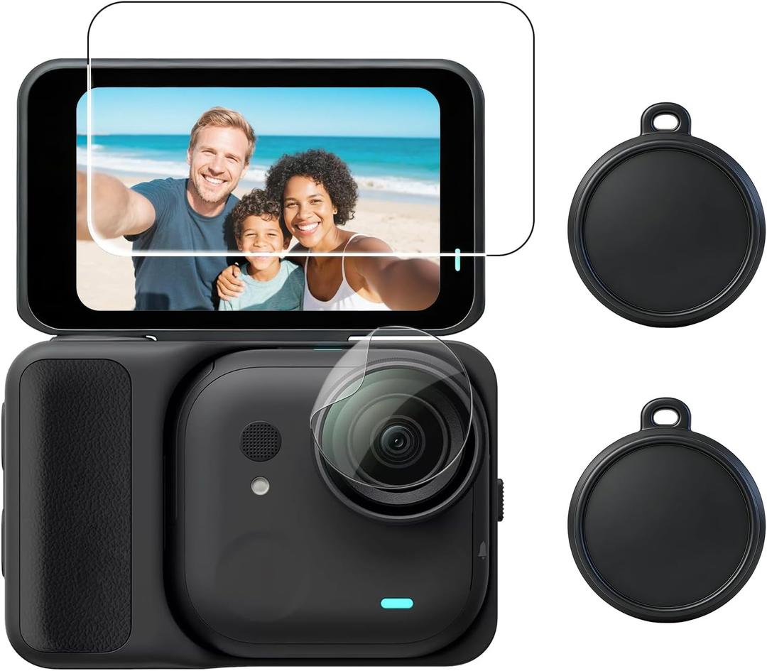 Screen Lens Protector Compatible with Insta360 GO Ultra,1 Tempered Glass Screen Protector, 1 Lens Hydrogel Protector, 2 Silicone Lens Cap Combo, 9H Hardness, Touch Sensitive, HD - Black