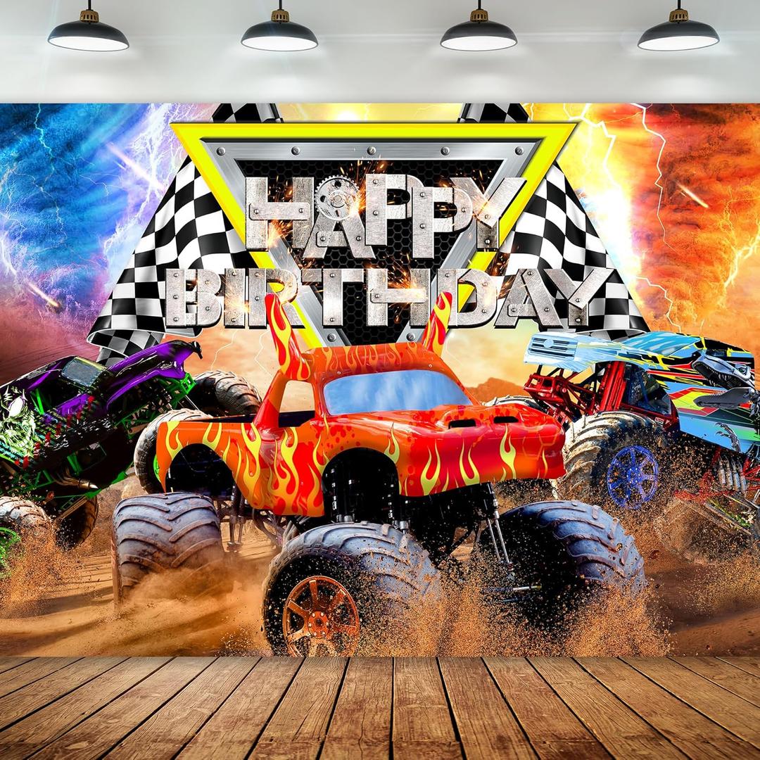 Truck Themed Birthday Party Supplies Backdrop 7Wx5H Monster Boys Kids Happy Birthday Background Photography Jam Burning Flame Car Grave Digger Party Decorations Banner Photo Booth Props