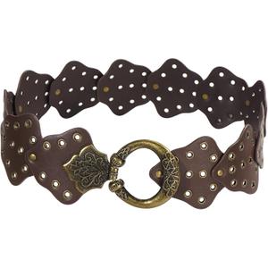 Wide Disc Belt for Women Vintage Leather Hollow Out Round Belt Western Waist Belt (XL (59.1 in), Leaf Brown)