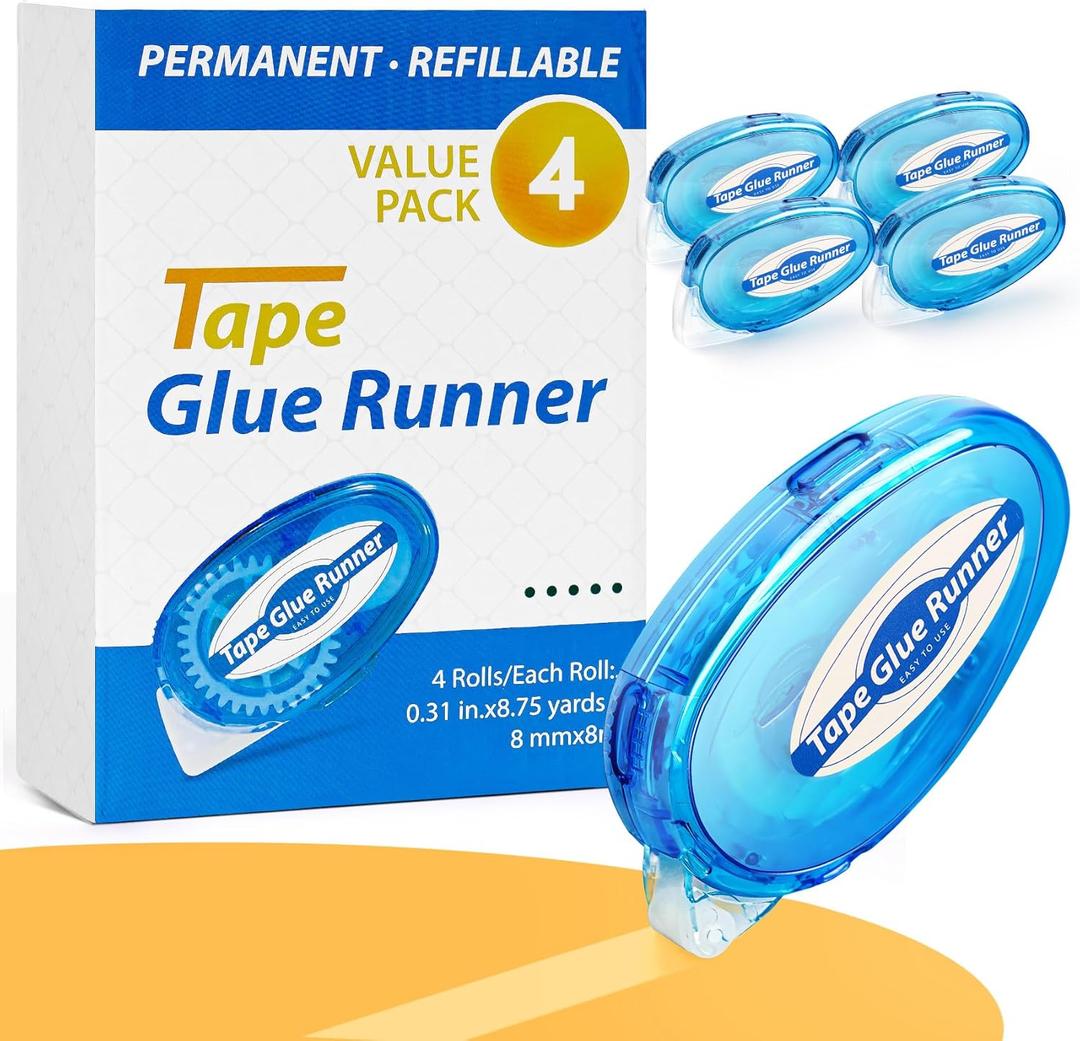 4 Pack Double Sided Tape Roller, 8mm x 315 Inch Permanent Adhesive Scrapbook Tape Dispenser Runner, Glue Tape Roller for Scrapbooking, Crafts and Arts Projects, Photo-Safe, Smooth & Clean