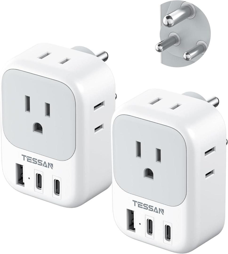 US to India Plug Adapter 2 Pack, TESSAN Type D Travel Adapter with 4 Outlets 3 USB (2 USB-C), Power Adaptor for US to India Nepal Maldives Pakistan Bangladesh Sri Lanka Bhutan Yemen (White-gray-Type D)