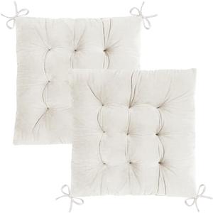 2 Pack Square Seat Cushions - Velvet & Slow-Rebound Foam Chair Pads Chair Pillow Cushion with Anti-Slip Ties for Kitchen, Dining, Office Chairs, Tatami (16"x16", Ivory)
