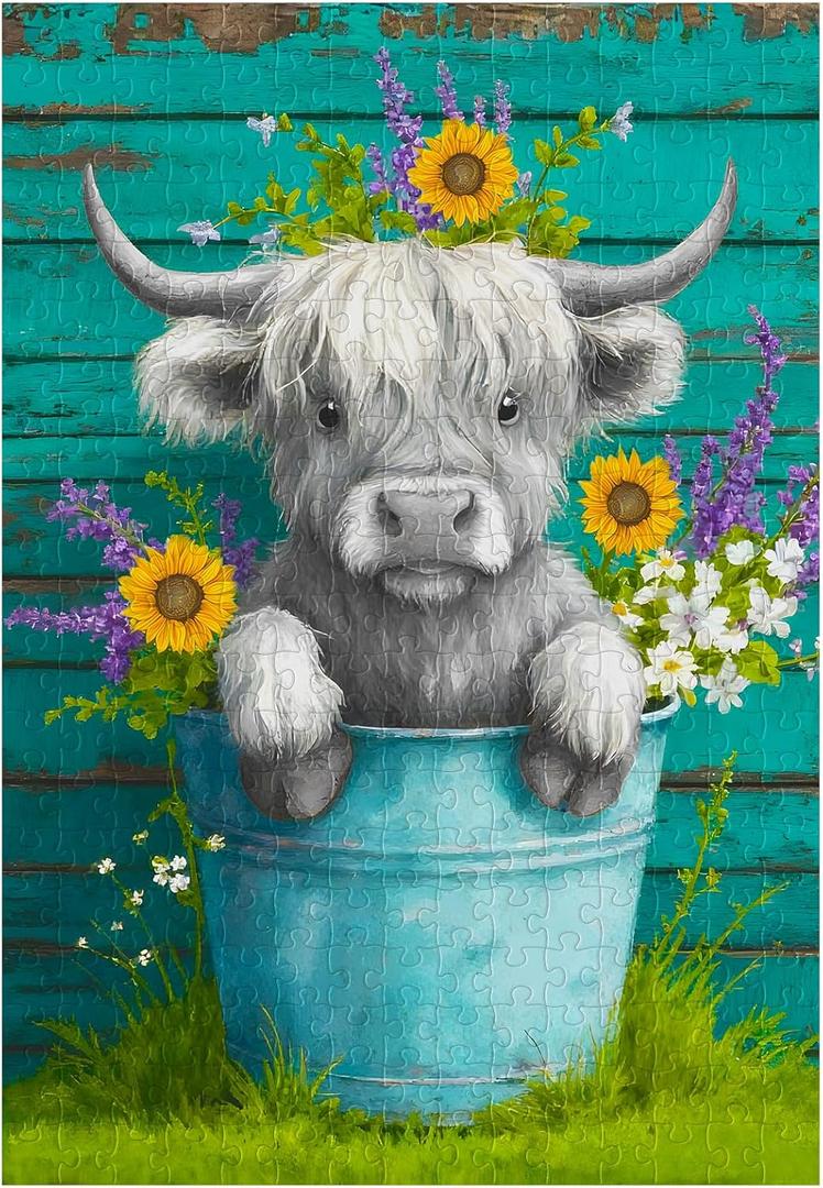 Great Jigsaw Puzzles for Adults 300 Pieces Farmhouse Highland Cow with Flowers Puzzles for Adults Toys Gift Family Decoration Kids Puzzle (15"x10"-300PCS)