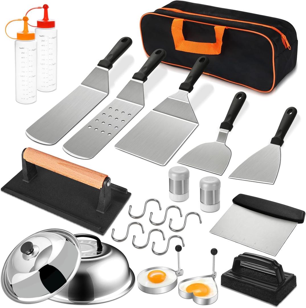 24Pcs Griddle Accessories Set, Stainless Steel Flat Top Grill Spatula Kit for Outdoor Barbecue Camping Cooking, Included Basting Cover, Scraper, Cast Iron Grill Press, Without Bag