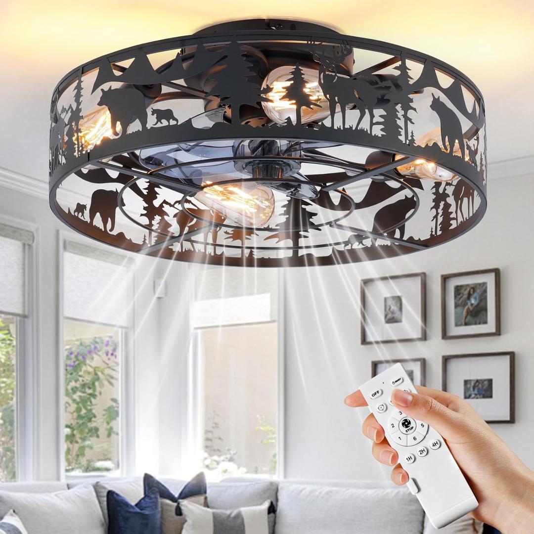Farmhouse Rustic Ceiling Fan with Light - Bear Deer Design, 6 Speeds Black Caged Fan Lights Ceiling Fixtures and Remote Control for Living Room, Bedroom, Hallway, Entryway Lighting