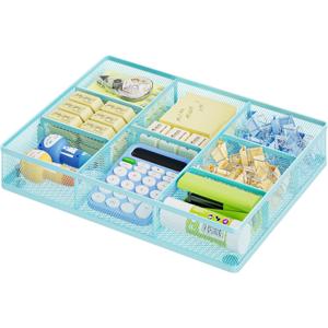 Marbrasse Desk Drawer Organizer, Metal Mesh Drawer Organizer Tray with 5 Adjustable Compartments, Desk Organizers and Accessories for Home, Office, Kitchen, Makeup, Vanity (Blue)