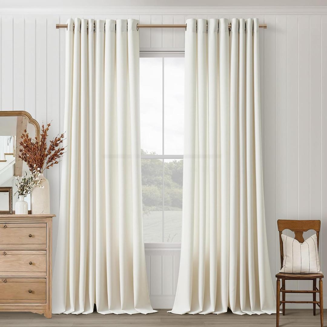 Ivory Linen Curtains 96 Inches Long 2 Panels for Living Room Sliding Glass Door Light Filtering Drapes 96 Inch Length Neutral Farmhouse Cream Colored Grommet Non-See-Through Curtain for Office 52x96 (Natural)