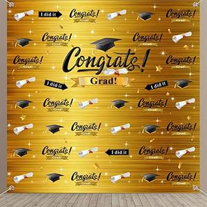 Sumind 2025 Graduation Photography Backdrop Graduation Party Decorations Fabric Congratulate Grad Backdrop Celebration Background Banner for Prom Party 70.9 x 70.9 Inch(Gold)