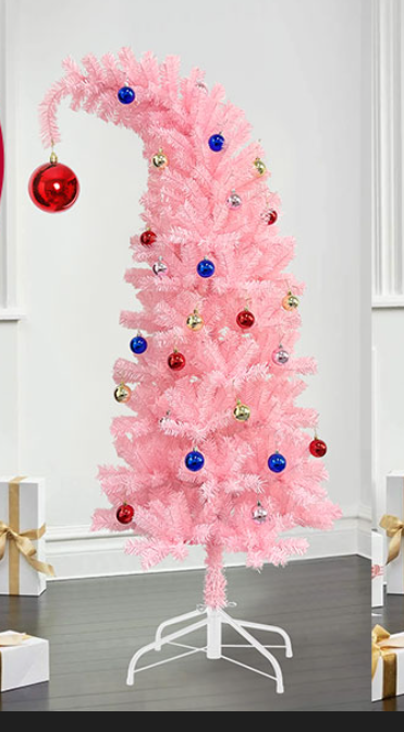 Hatisan 5FT Christmas Tree, Artificial Bent Pink Christmas Tree with Ball Ornaments and Metal Base for Christmas Holiday Party Supplies Decor Indoor Outdoor(Pink, 5ft)