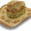 Hat Band for Cowboy Cowgirl, Turquoise Hand Made Replaceable Beaded Belt for Panama Fedora (Beige Star)