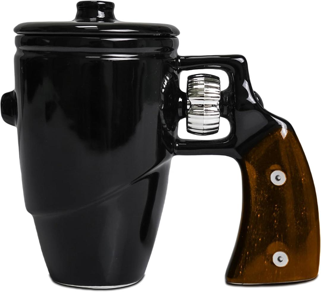 Revolver Gun Mug with Lid, Novelty Ceramic Coffee & Tea Cup with Spin Wheel Handle, 3D Pistol Gag Gift Mugs, Ideal Military Gifts for Men, Coworker & Gun Enthusiasts, 16 oz (Black1)