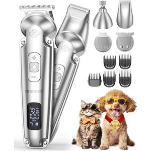 oneisall Small Dog Clippers and Paw Trimmer with Low Noise, 4 - in - 1 Cordless Dog Grooming Kit with 3 - Level Speed Clippers (7000 RPM) for Grooming Thick Hair, Waterproof Shaver for Dogs and Cats (Silver)