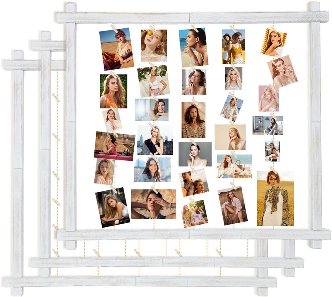 Wood Picture Frames Collage,Hanging Photo Display Board With 30 Clips,Wall Decor for Dorm Graduation Letter Postcard Greeting Card Organizer,Pine,Adjustable Metal Bead String,3 Pack,(Rustic White)