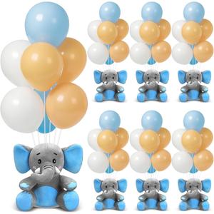 6 Set Baby Shower Decoration Table Centerpieces Photo Props for Boy or Girl Gender Reveal with Elephant, Balloon Stand Holder, 60 Balloons for 1st Birthday Party(Blue, Brown, White)