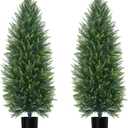 5FT Artificial Cedar Topiary Tree, Set of 2 Faux Evergreen Pine Shrubs Plants with Pot, Realistic Fake Plants for Outdoors Indoors Front Porch Christmas Decor