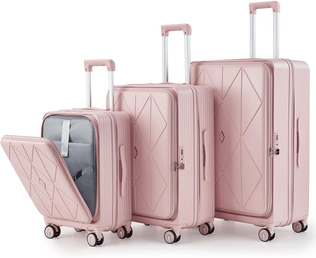3 Piece Luggage Set 100% PC Hardshell, Front Opening Expandable Suitcase (20/24/28) with Laptop Compartment & Free Custom PVC Covers, Trunk Style Lightweight Spinner Wheels TSA Lock (Pink)