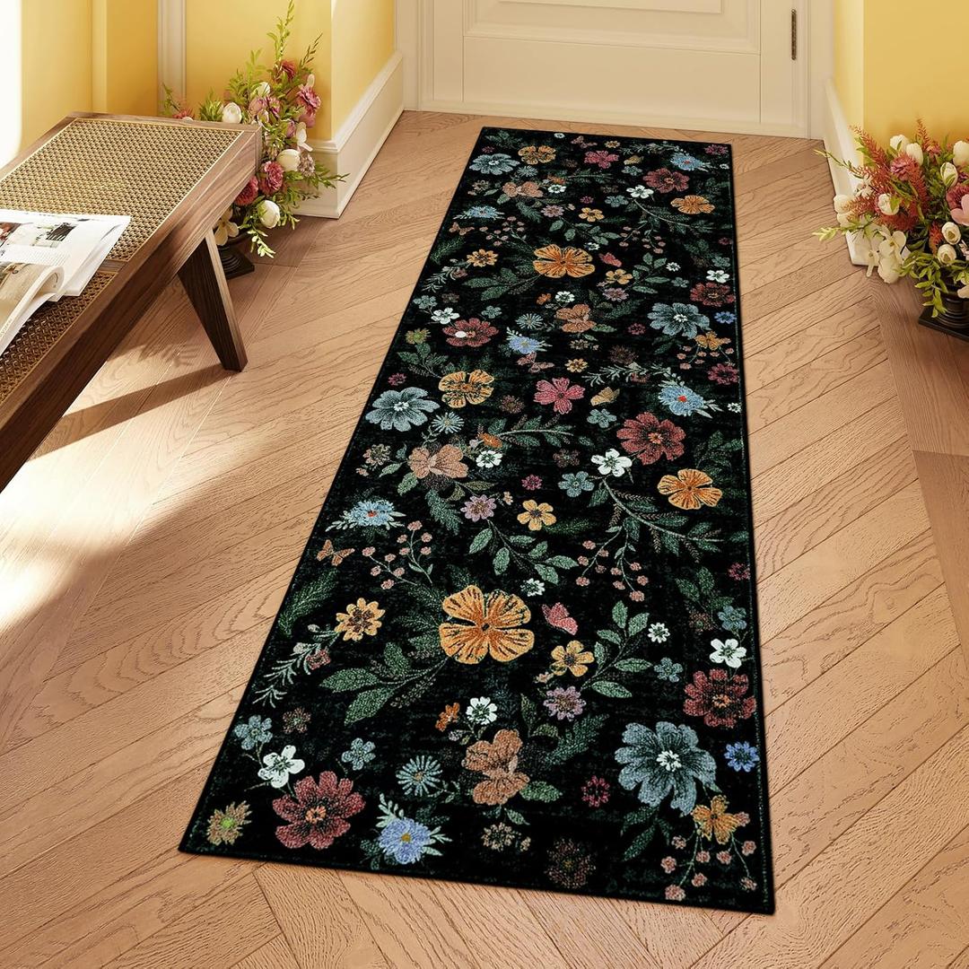 Floral Kitchen Washable Runner Rug 2'x6', Boho Hallway Runner Rug Non Slip with Rubber Backing, Black Soft Carpet Runners for Hallways Bedroom Entryway Laundry