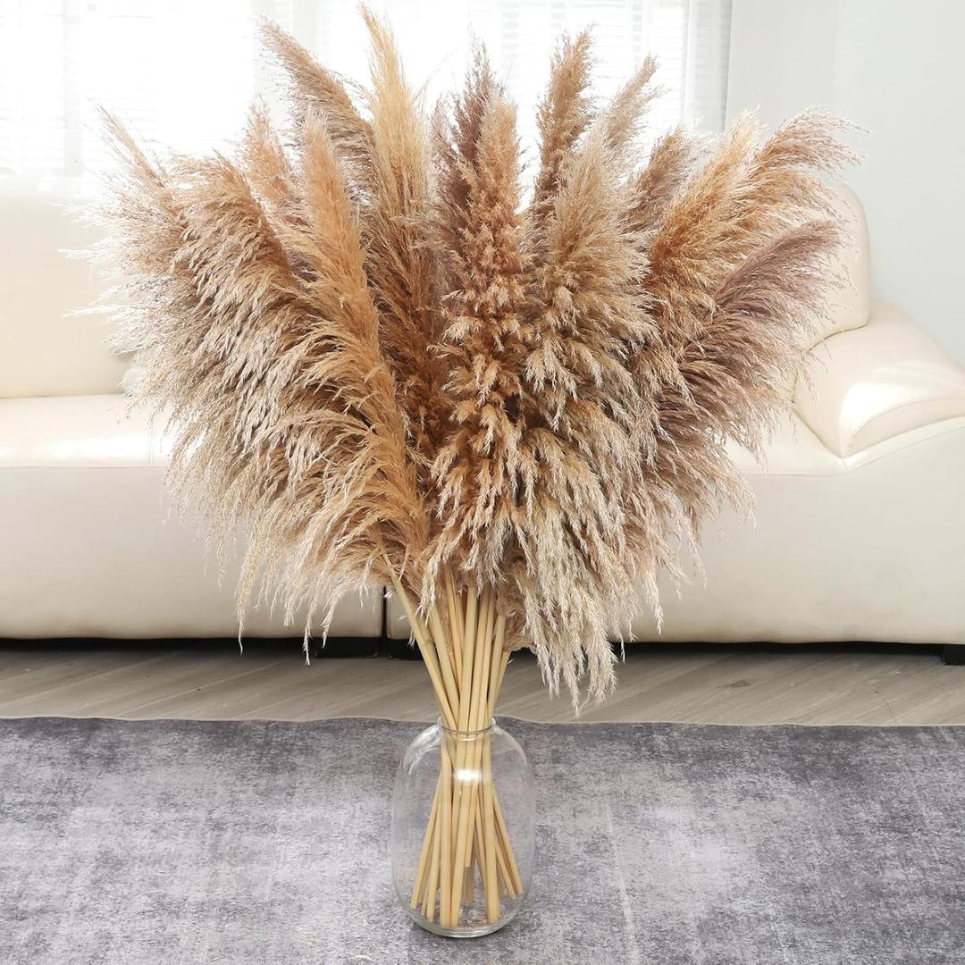 46inch 12pcs Dried Pampas Grass Decor Tall-Large Brown Pompas Grass Floral-Natural Tall Fluffy Pampas Grass Flower for Floor Vase,Wedding,Party,Living Room Floor,Boho Home Decor