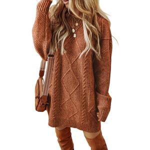 CHICME Women Round Neck Long Sleeve Sweater Cable Knit Casual Loose Fit Pullover Fall Winter Sweaters (Medium, Brown)