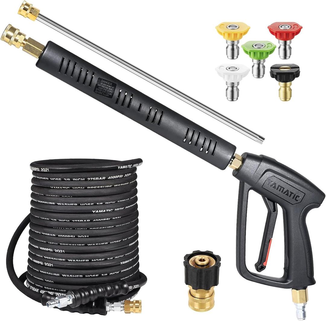YAMATIC Long Pressure Washer Gun and Hose Kit, Rubber 50 FT Steel Braided Power Washer Hose with 3/8" Swivel Quick Connect & M22 Adapters Replacement for Troy Bilt Ryobi Simpson Craftsman, 4000 PSI