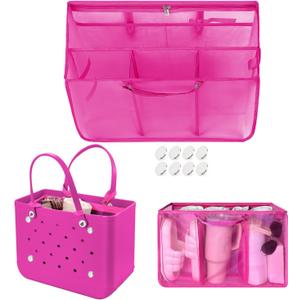 XYFuuee Beach Bag Organizer Inserts for Original Large Bogg Bag Accessories with 8 Removable Metal Fasteners, Lightweight Mesh Insert Divider Pouch, Organizing Rubber Tote, Save Space, Hot Pink XL