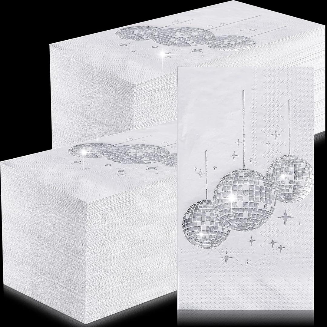 100 Pcs Disco Party Cocktail Napkins with Silver Foil Guest Towel Paper Disposable 70s 80s 90s Party Supplies Cocktail Napkins for Wedding Birthday Graduation 3 Ply 4 x 8 in(White Background)