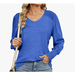 Women's Long Sleeve Shirts V-Neck Puff Sleeve Loose Fitted Pleated Basic Tops Casual Lightweight Outfits 2024, Small