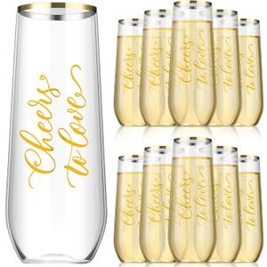 Ziliny 24 Pcs Wedding Plastic Champagne Flutes 9 oz Cheers to Love Stemless Champagne Glasses Gold Rim Wedding Cups Toasting Flutes Cocktail Cups Bridal Shower Party Bar Birthday Gifts