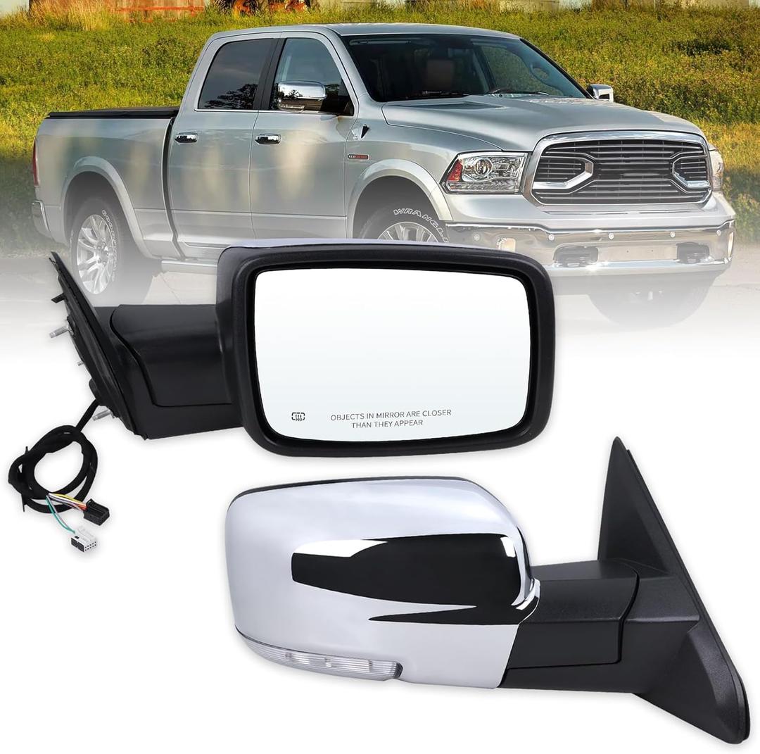 Right Passenger Side Door Mirror Compatible With 2013-2018 Ram 1500 2500 3500 With Power Folding Power Glass Heated Turn Signal Puddle Lights Chrome Replace#68096196AF(9+2Pins)