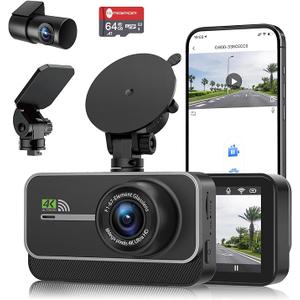 Dual Dash Cam 4K Front and FHD1080P Rear Dash Camera,5.8G WiFi for Cars, 3.0" IPS Screen,UHD Night Vision 24H Parking, Dual 170° Wide Angle, WDR, GSensor,Free 64GB Card Can Supports 256GB Card Max