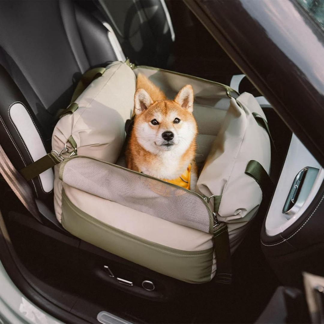 FUNNY FUZZY Waterproof Dog Car Seat for Small & Medium Dogs up to 35lbs,Fully Detachable and Washable Dog Travel CarrierPet Car Seat Bed with Thick Cushion, Breathable Mesh,Adjustable Straps(Green)