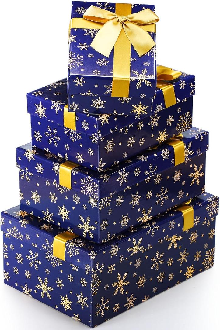 Zhanmai 4 Pcs Winter Nesting Gift Boxes Snowflake Boxes Hard Stackable Boxes with Lids Decorative Winter Nested Present Boxes for Birthday Party Gift Supplies(Blue and Gold,Snowflake) (1 Count (Pack of 4))