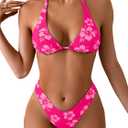 QJQ Women's 2 Piece Swimsuit Floral Halter Triangle Bikini Sets Sexy Cheeky High Waisted Bathing Suit (Large, Light Pink)