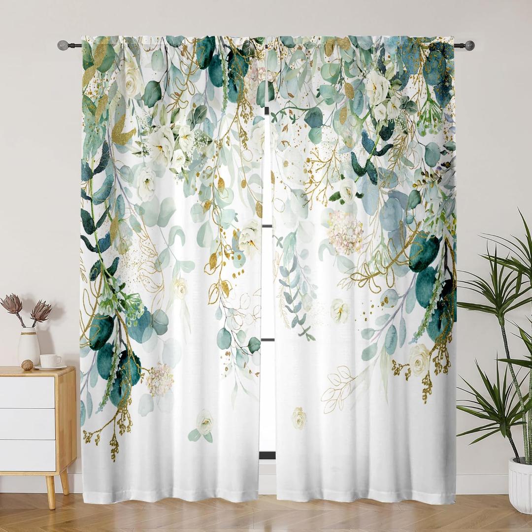 Gold Green Curtains 84 Inches Long Sage Green Leaves Light Filtering Curtain White Floral Drapes for Living Room Farmhouse Leaf Retro Elegant Window Curtains for Bedroom 2 Panels