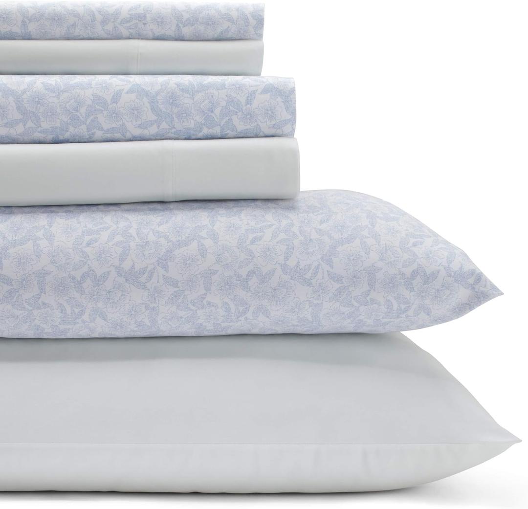 Laura Ashley - Queen Sheets, Cotton Percale 6-Piece Bedding Set, Crisp & Cool Home Decor (Belle Blue Cashmere, Queen)
